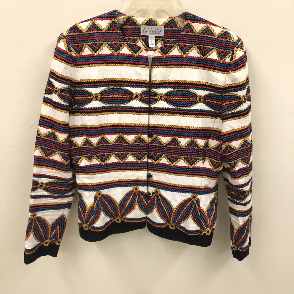 Adrianna Papell Women Button Up Paisley Nautical Aztec Satin Blazer Jacket 8